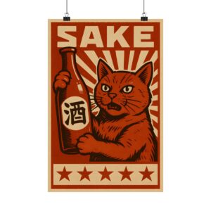 Sake Cat Vintage Poster - Stylish Matte Vertical Wall Art for Cat Lovers